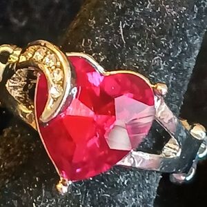 Paparazzi Silvertone Stretch Ring With Heart-Shaped Red Gemstone